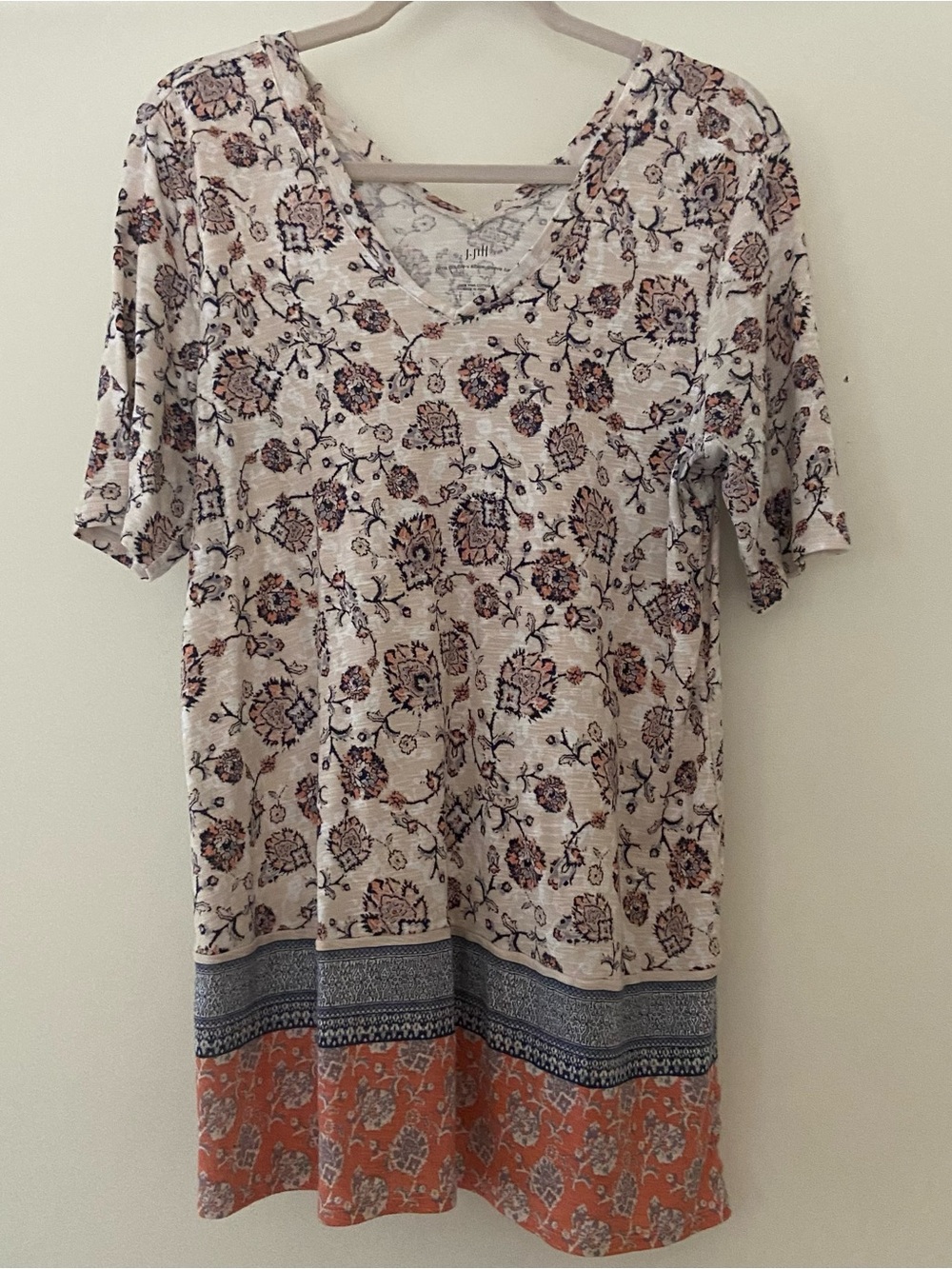J. Jill Pima Double V Tunic Top Womens Size L Multicolor Floral Cottage Boho